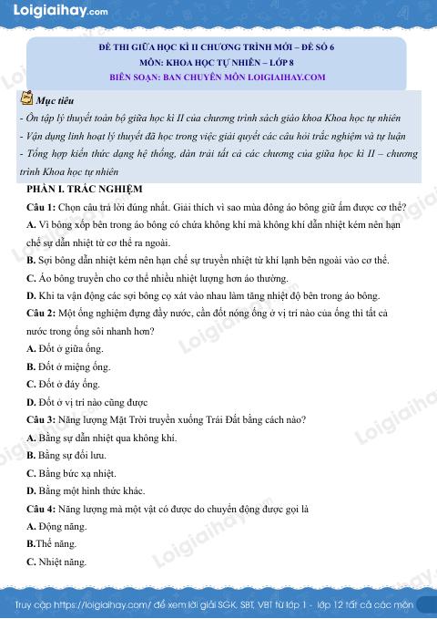 Đề thi giữa học kì 2 KHTN 8 Kết nối tri thức - Đề số 6